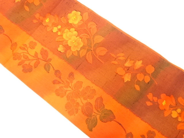 手織り節紬縞に枝花模様織り出し袋帯